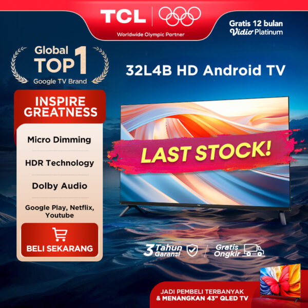 [Google Assistant TV] TCL 32 Inch Smart Android TV - HD - Smart TV - Dolby Audio -  Google Play/Netflix/Youtube -  Wifi//HDMI/USB (Model: 32L4B)