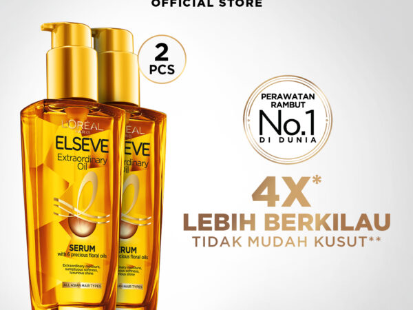 [PAKET HEMAT ISI 2] LOreal Paris Elseve Extraordinary Oil Gold Hair Treatment Serum 100mlx2Pcs - Rambut Halus Berkilau dalam Satu Pemakaian - dari Bunga Istimewa Omega 3 - Perawatan Rambut Vitamin Rambut Twinpack 100ml Rambut Kering Kusam Treatment