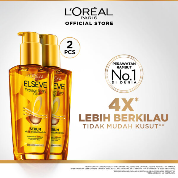 [PAKET HEMAT ISI 2] LOreal Paris Elseve Extraordinary Oil Gold Hair Treatment Serum 100mlx2Pcs - Rambut Halus Berkilau dalam Satu Pemakaian - dari Bunga Istimewa Omega 3 - Perawatan Rambut Vitamin Rambut Twinpack 100ml Rambut Kering Kusam Treatment