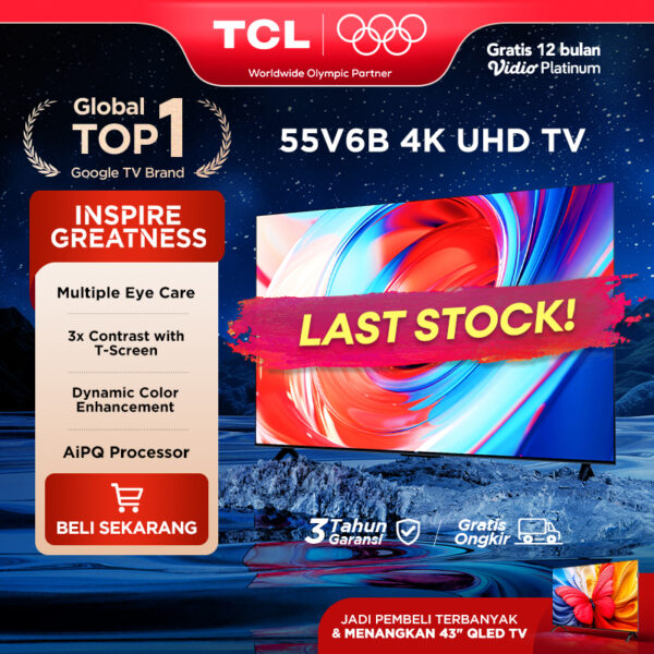 [4K Google TV] TCL 55 Inch V6B - Smart UHD - T-Screen - Dolby Audio - HDR10 - AiPQ Processor - Dynamic Color Enhancement - Metalic Bezel-less - Multiple Eye Care - V6B Series (Model: 55V6B)