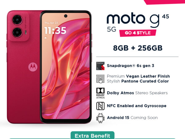 Motorola G45 5G 8+8/256GB - Up to 16GB Extended RAM - Snapdragon 6s Gen 3 - 6.5 inch Screen Size - Gorilla Glass 3 - 120Hz - 50MP Main Camera - 16MP Selfie Camera - 5000mAh - NFC - Dolby Atmos Stereo Speaker - Bonus Charger 20W & Clear Case