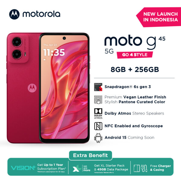 Motorola G45 5G 8+8/256GB - Up to 16GB Extended RAM - Snapdragon 6s Gen 3 - 6.5 inch Screen Size - Gorilla Glass 3 - 120Hz - 50MP Main Camera - 16MP Selfie Camera - 5000mAh - NFC - Dolby Atmos Stereo Speaker - Bonus Charger 20W & Clear Case
