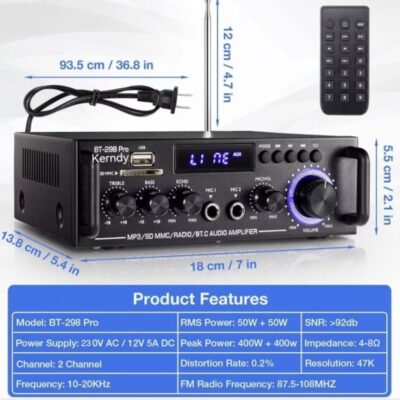 (Type 2024)Amplifier KERNDY BT-298 pro ECHO Bluetooth EQ Audio Ampllifier Karaoke Home Theater FM Radio 800W BT298PRO