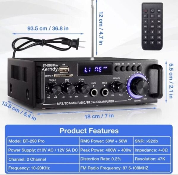 (Type 2024)Amplifier KERNDY BT-298 pro ECHO Bluetooth EQ Audio Ampllifier Karaoke Home Theater FM Radio 800W BT298PRO