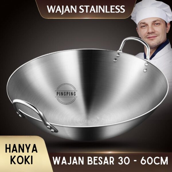 Wajan Penggorengan Tebal Full Stainless Steel ukuran 30cm - 60cm/kuali stainless tebal asli SUS 304/wajan penggorengan anti lengket/kenceng penggorengan/wajan penggorengan jumbo/kuali penggorengan