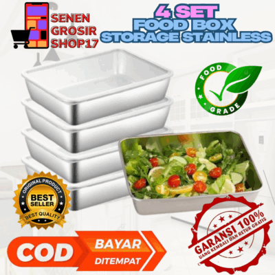 SN COD 4 pcs Wadah Stainless Steel dengan Tutup Tempat Penyimpanan Makanan Stainless Steel Wadah Makanan Ringan Stainless Steel Kotak Makan Siang Stainless Steel untuk Perjalanan Kantor