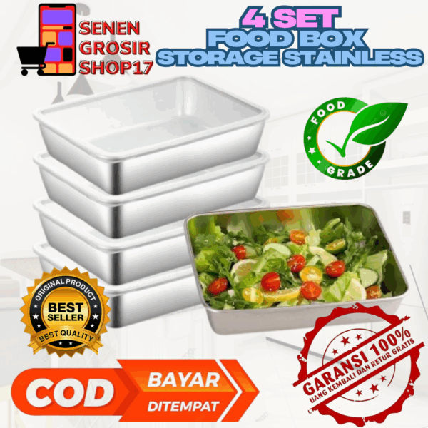 SN COD 4 pcs Wadah Stainless Steel dengan Tutup Tempat Penyimpanan Makanan Stainless Steel Wadah Makanan Ringan Stainless Steel Kotak Makan Siang Stainless Steel untuk Perjalanan Kantor
