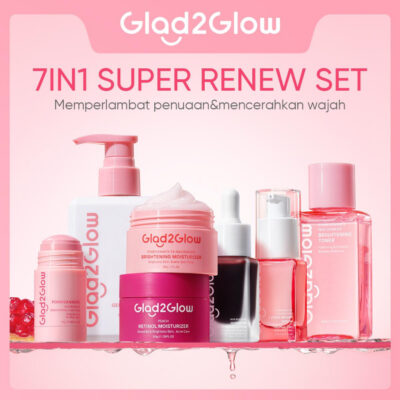 Glad2Glow Renew bundle 7in1 7pcs-Brightening toner+Brightening Moisturizer+Cleanser+Brightening Serum+Peeling solution+Retinol Pomegranate Niacinamide Mencerahkan Wajah Mencerahkan Melembabkan Kulit skin skincare G2G