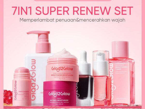 Glad2Glow Renew bundle 7in1 7pcs-Brightening toner+Brightening Moisturizer+Cleanser+Brightening Serum+Peeling solution+Retinol Pomegranate Niacinamide Mencerahkan Wajah Mencerahkan Melembabkan Kulit skin skincare G2G