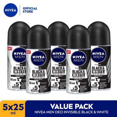 NIVEA MEN Deodorant Roll On Black & White Invisible Original 25ml x5